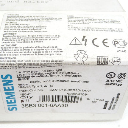 Siemens Leuchtmelder 3SB3001-6AA30 / Inhalt : 4 Stück / Neu OVP - Maranos.de