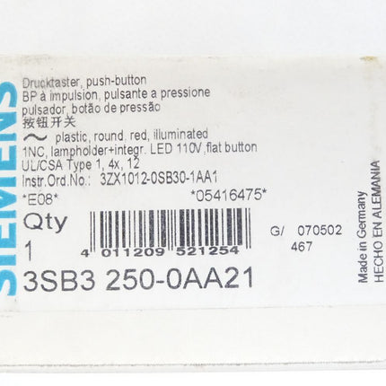 Siemens Drucktaster Rot 3SB3250-0AA21 mit 3SB3400-1QB und 3SB3400-0C / Neu OVP - Maranos.de
