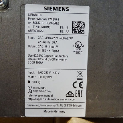 Siemens Sinamics Power Module PM240-2 / 6SL3210-1PE23-8AL0 18.5kW / Neu - Maranos.de