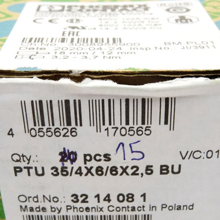 Phoenix Contact Potenzialsammelklemme PTU35/4X6/6X2,5 / 3214081 / Inhalt : 15 Stück / Neu OVP - Maranos.de