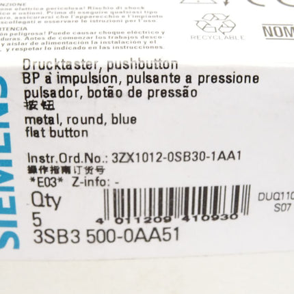 Siemens Drucktaster blau 3SB3500-0AA51 3SB3 500-0AA51 / Inhalt : 5 Stück / Neu OVP - Maranos.de