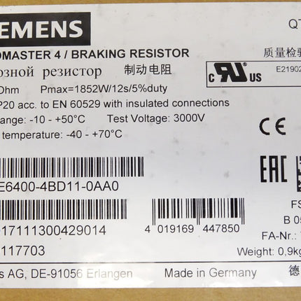 Siemens Micromaster 4 Bremswiderstand 6SE6400-4BD11-0AA0 390Ohm 1852W / Neu OVP - Maranos.de