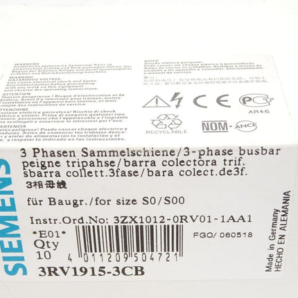 Siemens 3 Phasen Sammelschiene 3RV1915-3CB / Inhalt : 10 Stück / Neu OVP - Maranos.de