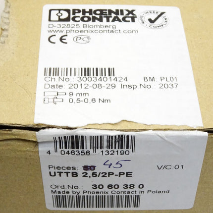 Phoenix Contact Schutzleiter-Doppelstockklemme UTTB 2,5/2P-PE / 3060380 / Inhalt : 45 Stück / Neu OVP - Maranos.de