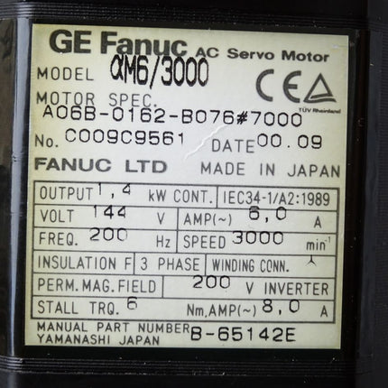 Fanuc Servomotor MDL AM6/3000 A06B-0162-B076 #7000 1.4kW 3000 min-1 - Maranos.de