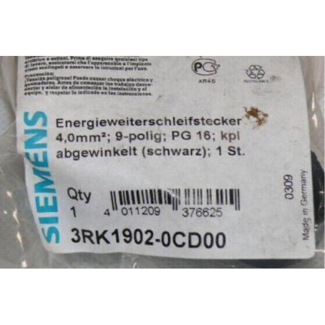 Siemens 3RK1902-0CD00 Energieweiterschleifstecker 4,0mm 9-polig abgewinkelt - Maranos.de