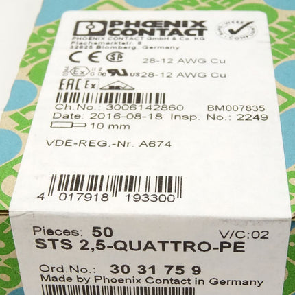 Phoenix Contact Durchgangsreihenklemme STS2,5-QUATTRO / 3031759 / Inhalt : 50 Stück / Neu OVP versiegelt - Maranos.de