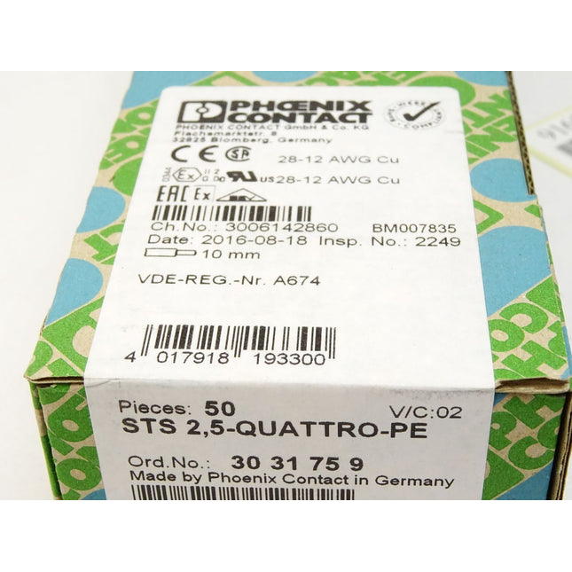 Phoenix Contact Durchgangsreihenklemme STS2,5-QUATTRO / 3031759 / Inhalt : 50 Stück / Neu OVP versiegelt - Maranos.de