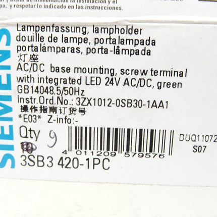 Siemens Lampenfassung 3SB3420-1PC / Inhalt: 9 Stück / Neu OVP - Maranos.de