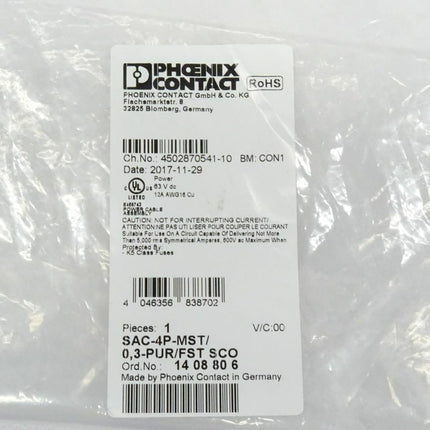 Phoenix Contact 1408806 Sensor/Aktor Kabel SAC-4P-MST/0,3-PUR/FST SCO // 14 08 80 6 NEU-OVP - Maranos.de