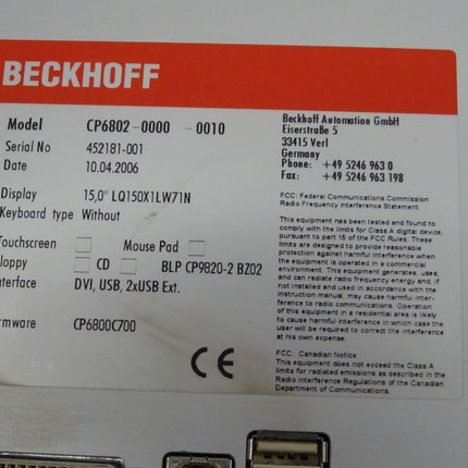 Beckhoff CP6802-0000-0010 Panel 15" LQ150X1LW71N Display - Maranos.de