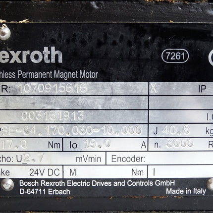 Rexroth Brushless Permanent Magnet Motor Servomotor 1070915616 SE-C4.170.030-10.000 3000RPM 19A - Maranos.de
