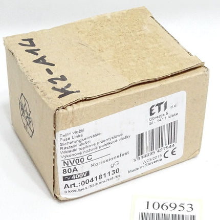 ETI Sicherungseinsätze NV00C 80A 400VAC 004181130 / Inhalt:3 Stück / Neu OVP - Maranos.de