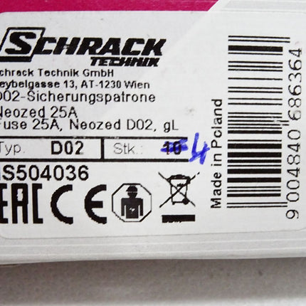 Schrack D02 Sicherungspatrone Neozed 25A IS504036 / Inhalt : 4 Stück / Neu OVP - Maranos.de