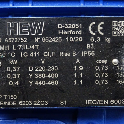 HEW Elektromotor L 71L/4T L71L/4T 0.37kW rp 1370 A572752 / Neu - Maranos.de