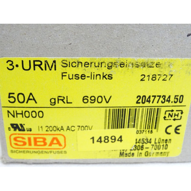 SIBA Sicherungen Fuses NH000 3URM Sicherungseinsätze 289752 50A gRL 690V 2047734.50 / Inhalt : 2 Stück / Neu OVP - Maranos.de