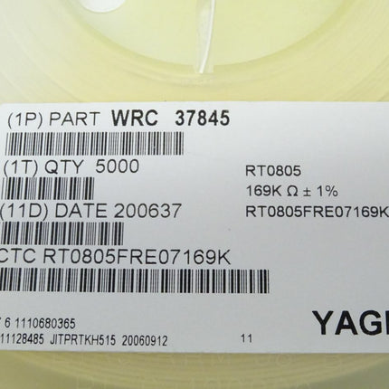 5000x YAGEO SMD Widerstand 169K Ohm  / WRC 37845 / RT0805FRE07169K / 0805 - Maranos.de