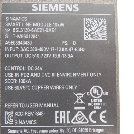 Siemens Sinamics Smart Line Module 10KW 6SL3130-6AE21-0AB1 - Maranos.de