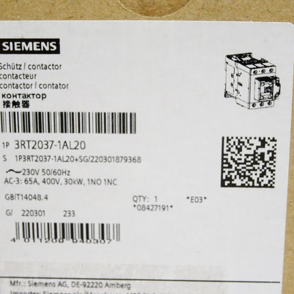 Siemens Schütz 3RT2037-1AL20 / Neu OVP - Maranos.de