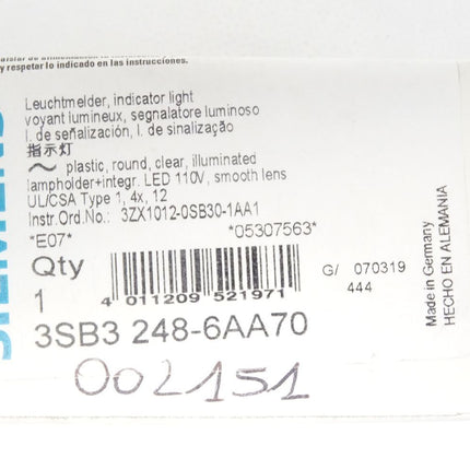 Siemens Leuchtmelder / 3SB3248-6AA70 mit 3SB3400-1QE / Neu OVP - Maranos.de
