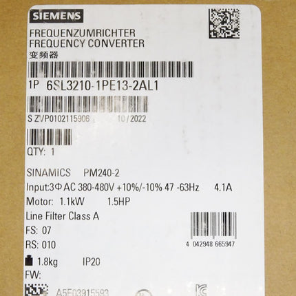 Siemens Sinamics Frequenzumrichter 1.1kW 6SL3210-1PE13-2AL1 / Neu OVP versiegelt - Maranos.de