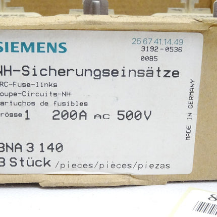 Siemens NH-Sicherungseinsätze HRC-Fuse-links 200A AC500V NH1 / 3NA3140 / Inhalt : 3 Stück / Neu OVP - Maranos.de