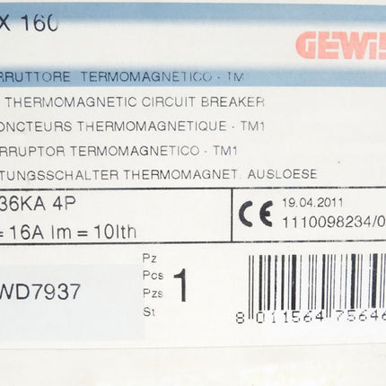 Gewiss Leistungsschalter Thermomagnetische Ausloeser MTX160 16A / GWD7937 / Neu OVP - Maranos.de