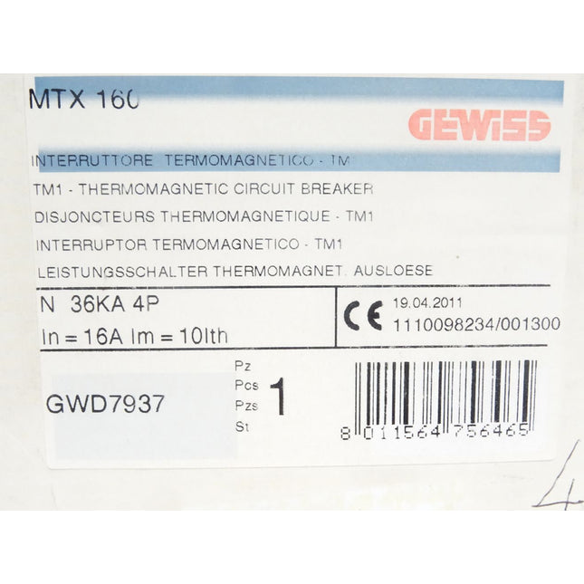 Gewiss Leistungsschalter Thermomagnetische Ausloeser MTX160 16A / GWD7937 / Neu OVP - Maranos.de