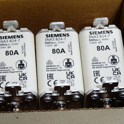 Siemens Sicherungseinsatz 3NA3824-7 NH00 80A gG 500V / Inhalt : 3 Stück / Neu OVP - Maranos.de
