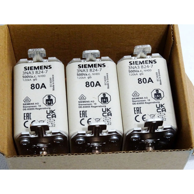 Siemens Sicherungseinsatz 3NA3824-7 NH00 80A gG 500V / Inhalt : 3 Stück / Neu OVP - Maranos.de
