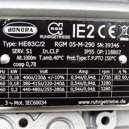 Bonora Getriebemotor HE63C/2 RGM05-M-290 0.18kW 2730-3280 7:1 / Neu - Maranos.de