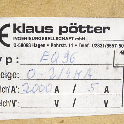 Klaus Pötter Amperemeter EQ96 0-2kA 4kA / Neu OVP - Maranos.de