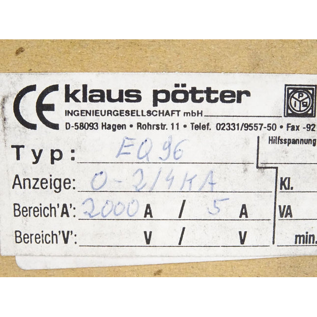 Klaus Pötter Amperemeter EQ96 0-2kA 4kA / Neu OVP - Maranos.de