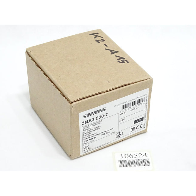 Siemens Sicherungseinsatz 3NA3830-7 NH00 100A gG 500V / Inhalt:3 Stück / Neu OVP - Maranos.de