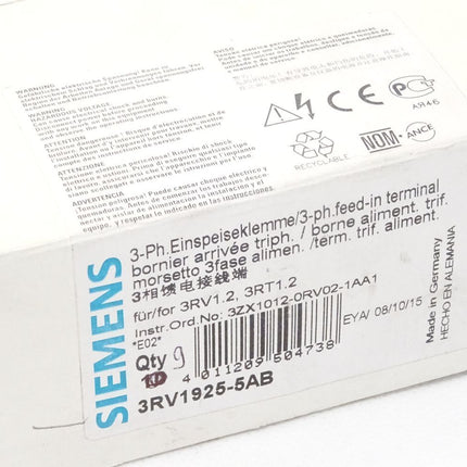 Siemens 3 Phase Einspeiseklemme 3RV1925-5AB / Inhalt : 9 Stück / Neu OVP - Maranos.de