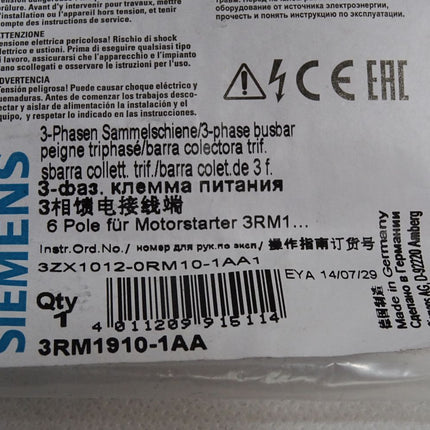 Siemens 3RM1910-1AA 3-Phasen Sammelschiene / Neu OVP - Maranos.de