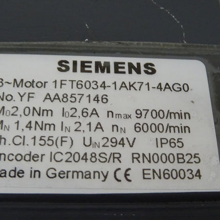 Siemens 1FT6034-1AK71-4AG0 / 1FT 6034-1AK71-4AG0 Servomotor / Transportspuren / Lagerspuren / NEU - Maranos.de