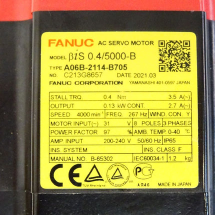 Fanuc AC Servomotor A06B-2114-B705 4000/min 0.4Nm 0.13kW / Neu - Maranos.de