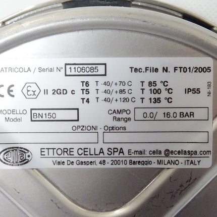 Wika Ettore Cella BN150 Manometer 0-16bar / Neu - Maranos.de