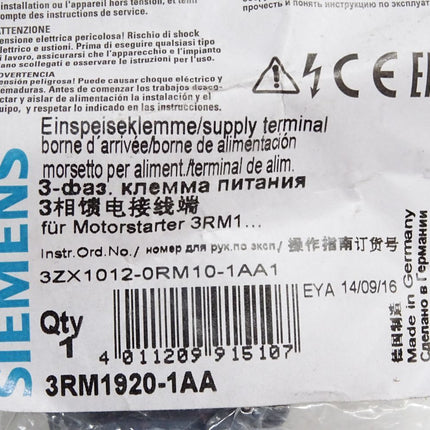 Siemens Einspeiseklemme 3RM1920-1AA / Neu OVP - Maranos.de