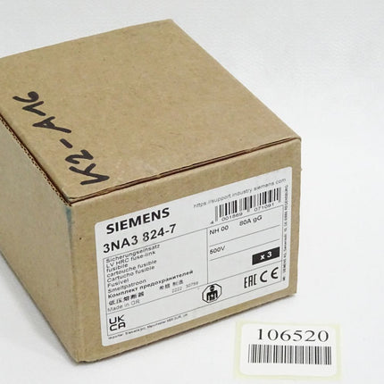 Siemens Sicherungseinsatz 3NA3824-7 NH00 80A gG 500V / Inhalt : 3 Stück / Neu OVP - Maranos.de