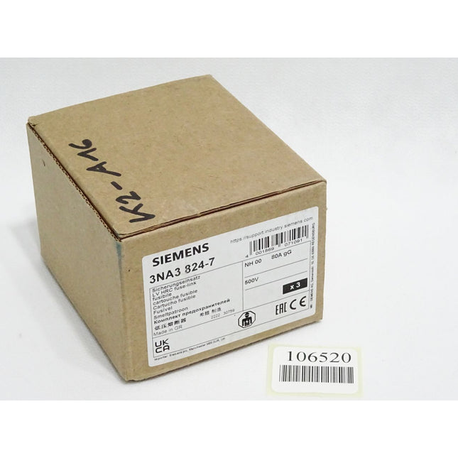 Siemens Sicherungseinsatz 3NA3824-7 NH00 80A gG 500V / Inhalt : 3 Stück / Neu OVP - Maranos.de