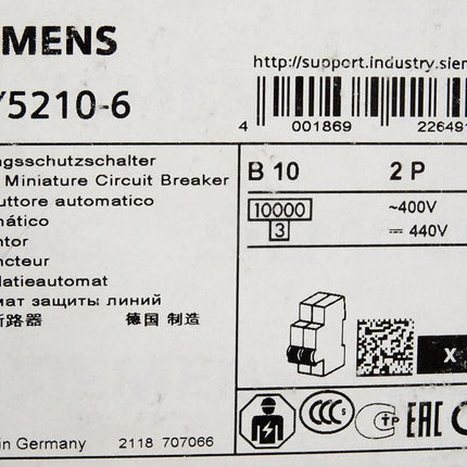 Siemens 5SY5210-6 Leitungsschutzschalter B10 2P / Neu OVP - Maranos.de