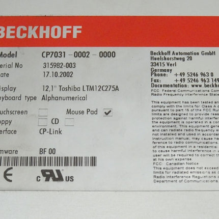 Beckhoff CP7031-0002-0000 CP-Link Interface Control 12,1" Panel - Maranos.de