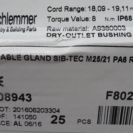 Schlemmer 5308943 Kabelverschraubung M25/21  / D 9,0-18 mm / Inhalt : 11 Stück / Neu OVP - Maranos.de