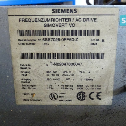 Siemens Frequenzumrichter / 6SE7 028-0FF60-Z AC Drive Simovert VC 6SE7028-0FF60-Z - Maranos.de