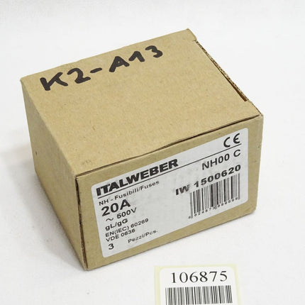 Italweber Sicherungen 1500620 NH00 20A 500VAC gL/gG Inhalt : 3 Stück / Neu OVP - Maranos.de