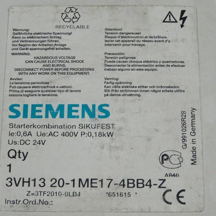 Siemens 3VH1320-1ME17-4BB4-Z SIKUFEST Schütz 3VH1 320-1ME17-4BB4-Z - Maranos.de