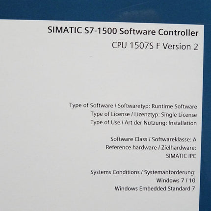 Siemens 6ES7672-7FC01-0YA0 6ES7 672-7FC01-0YA0 S7-1500 Failsafe Software Controller CPU 1507S / Neu OVP - Maranos.de