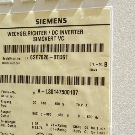 Siemens Simovert Wechselrichter 6SE7026-0TD61 mit Optionskarte 6SE7098-2XX84-0AH0 6SE7090-0XX84-0AH2 6SE7090-0XX84-0FF5 6SE7090-0XX84-0KA0 6SE7090-0XX84-0AB0 - Maranos.de